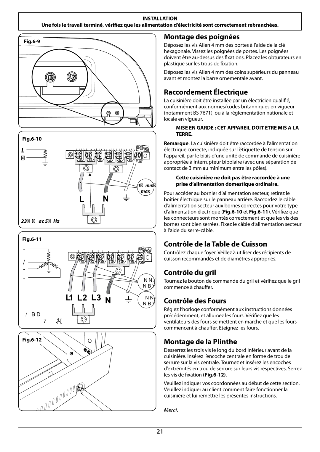 Falcon U109988 - 02 manual Montage des poignées, Raccordement Électrique, Contrôle de la Table de Cuisson, Contrôle du gril 