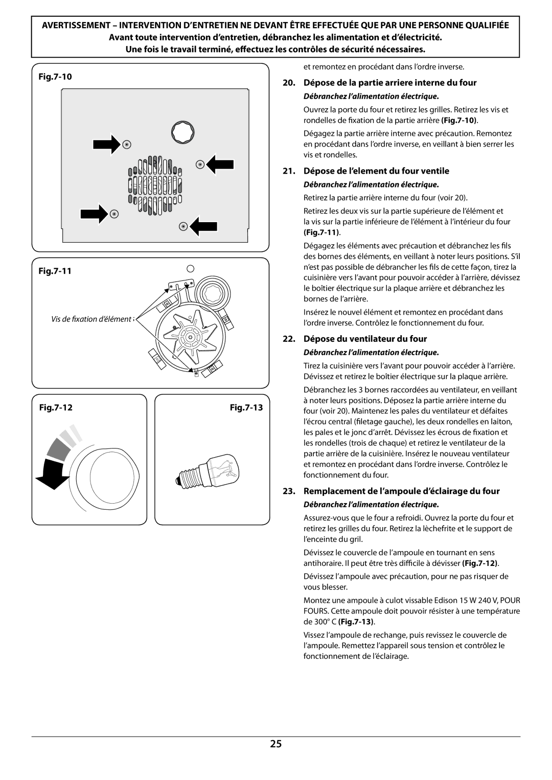 Falcon U109988 - 02 manual 20. Dépose de la partie arriere interne du four, 21. Dépose de l’element du four ventile 