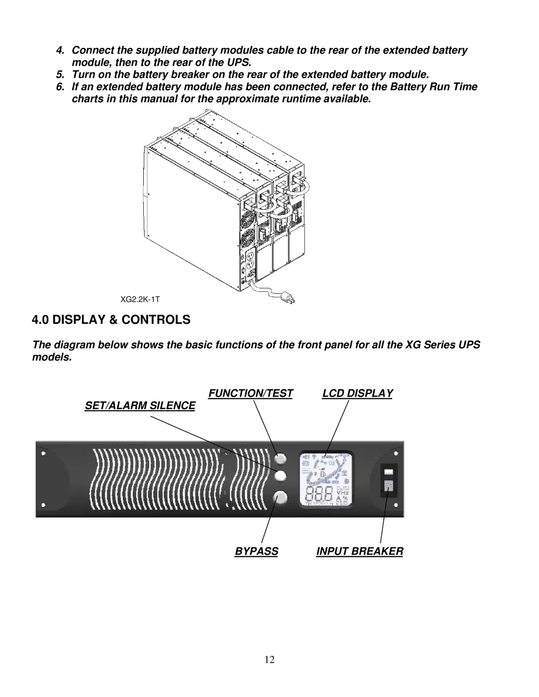 Falcon XG1.5K-1T, XG2.2K-1T, XG3K-1T manual Display & Controls, Function/Test, SET/ALARM Silence Bypass 