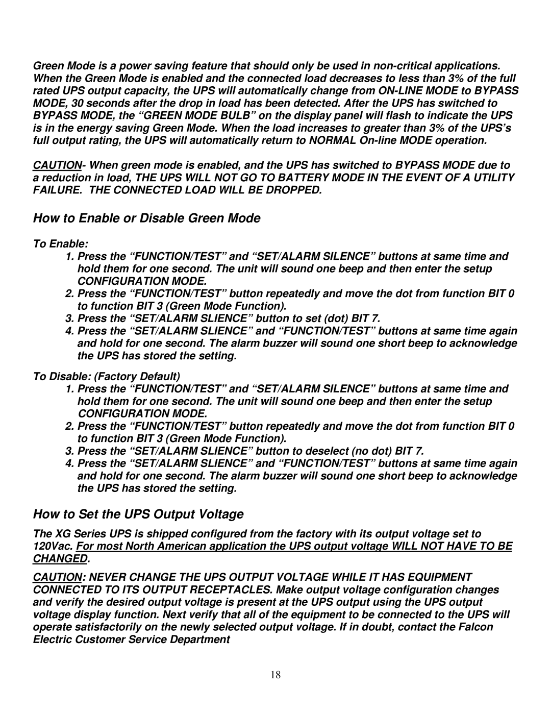 Falcon XG1.5K-1T, XG2.2K-1T How to Enable or Disable Green Mode, How to Set the UPS Output Voltage, Configuration Mode 