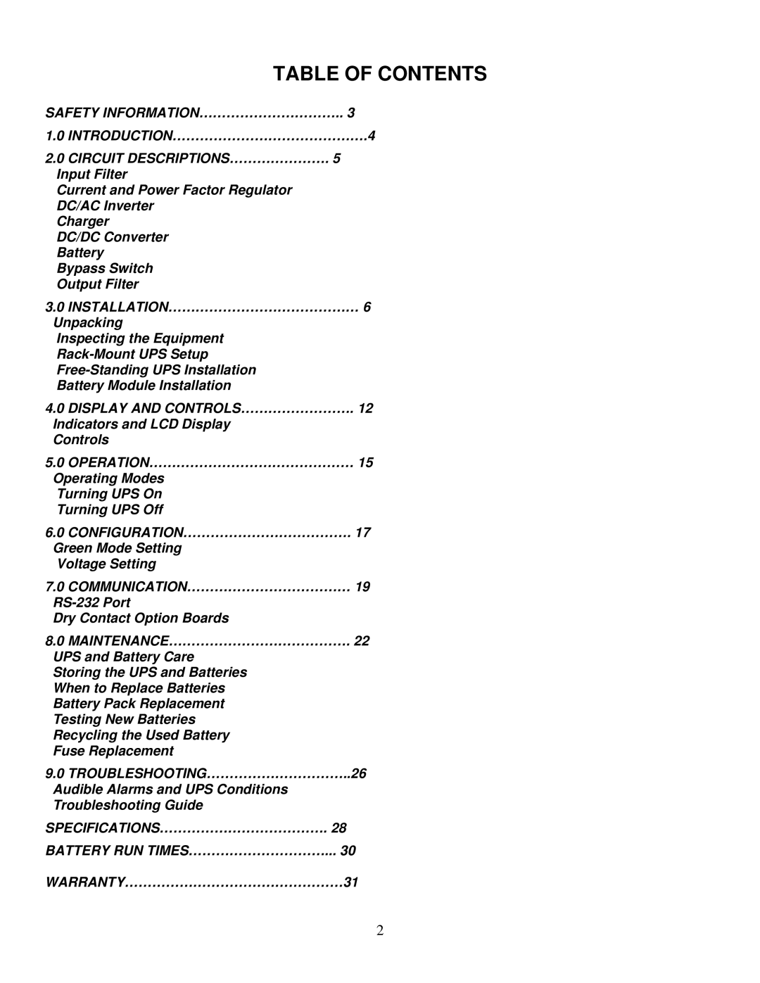 Falcon XG3K-1T, XG1.5K-1T, XG2.2K-1T manual Table of Contents 