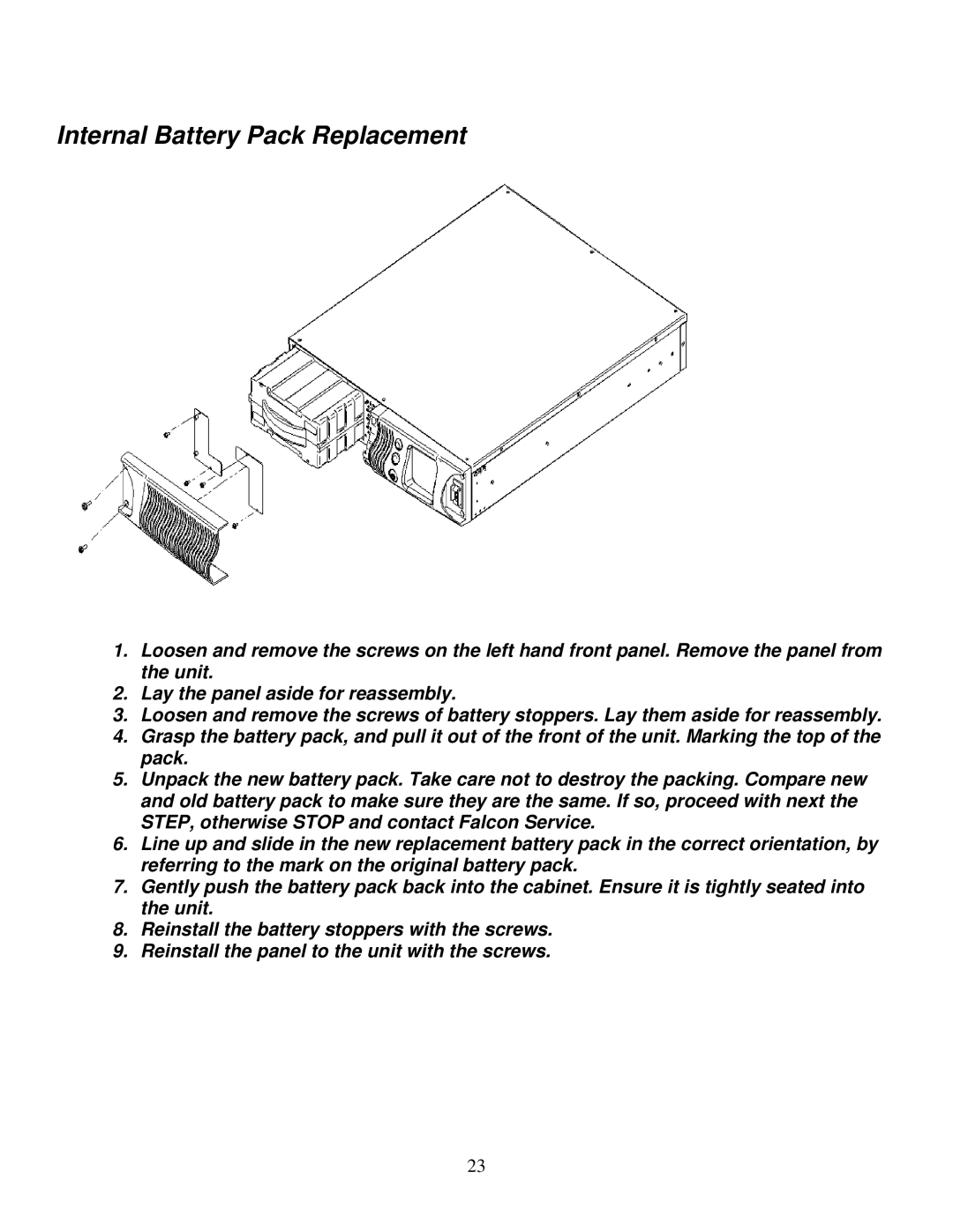 Falcon XG3K-1T, XG1.5K-1T, XG2.2K-1T manual Internal Battery Pack Replacement 