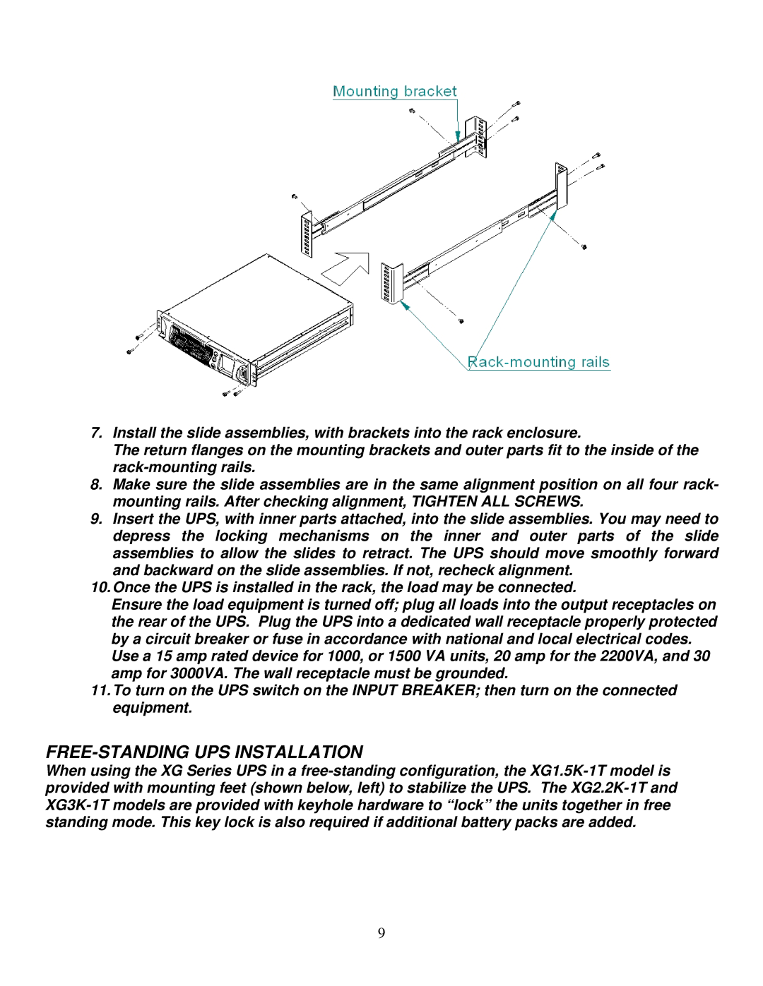 Falcon XG1.5K-1T, XG2.2K-1T, XG3K-1T manual FREE-STANDING UPS Installation 