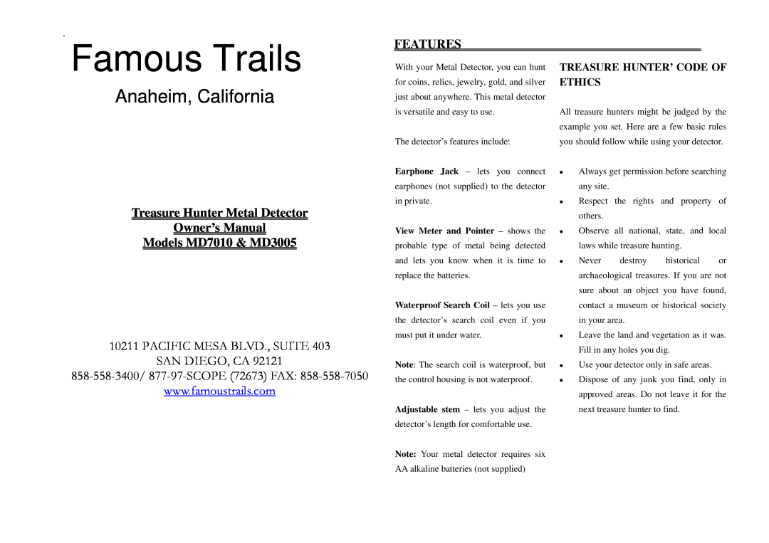Famous Trails owner manual Features, Models MD7010 & MD3005, Treasure Hunter’ Code Of Ethics, Famous Trails 