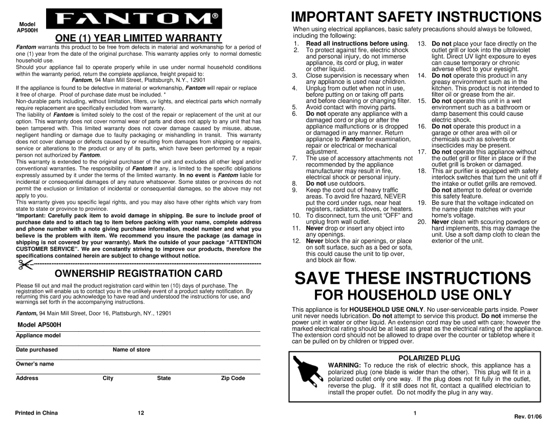 Fantom Vacuum AP500H ONE 1 Year Limited Warranty, Ownership Registration Card, Read all instructions before using 