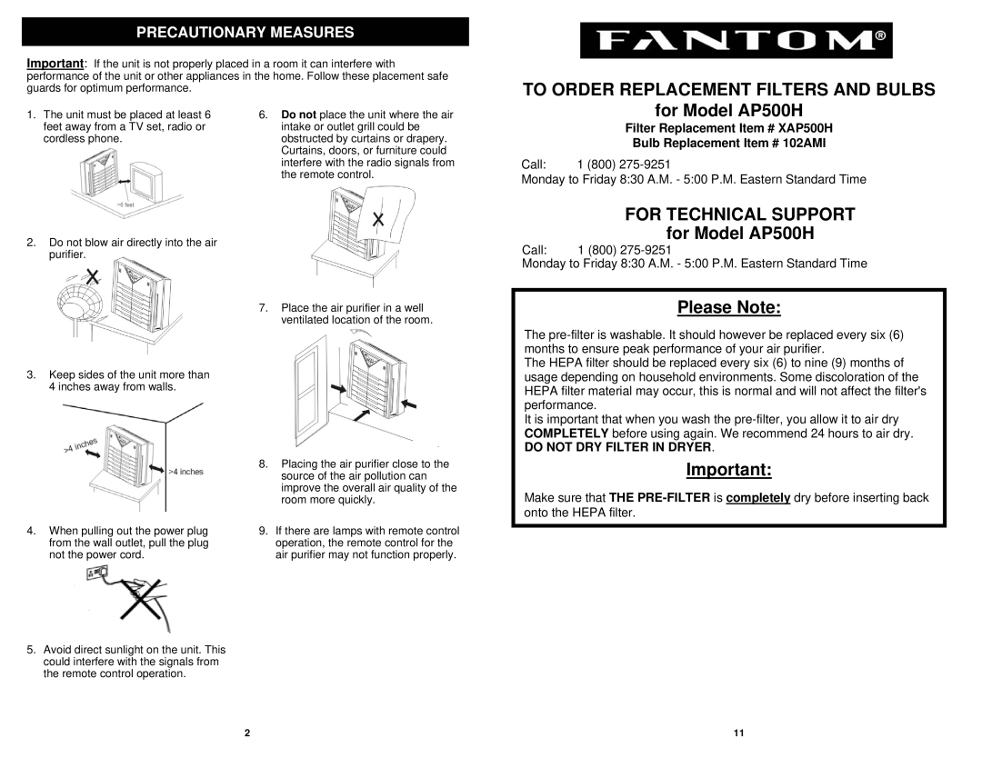 Fantom Vacuum AP500H owner manual To Order Replacement Filters and Bulbs, For Technical Support, Precautionary Measures 