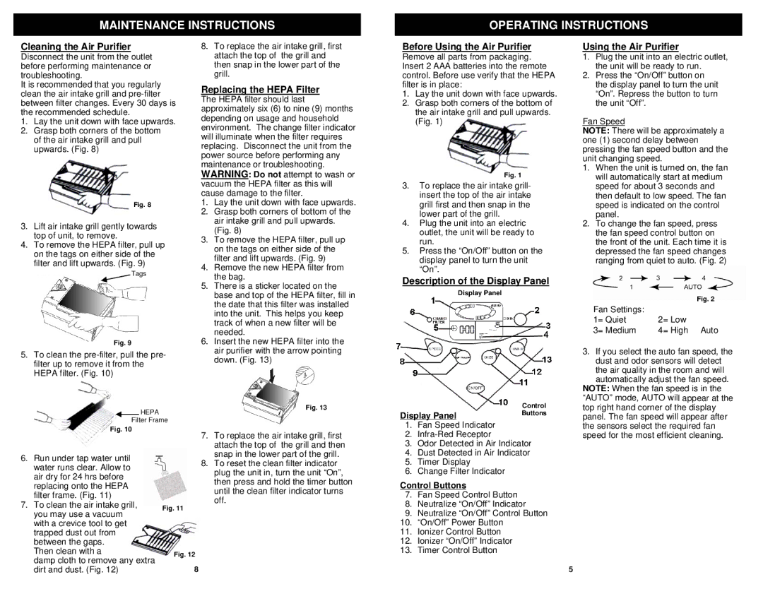 Fantom Vacuum AP500H owner manual Maintenance Instructions Operating Instructions 