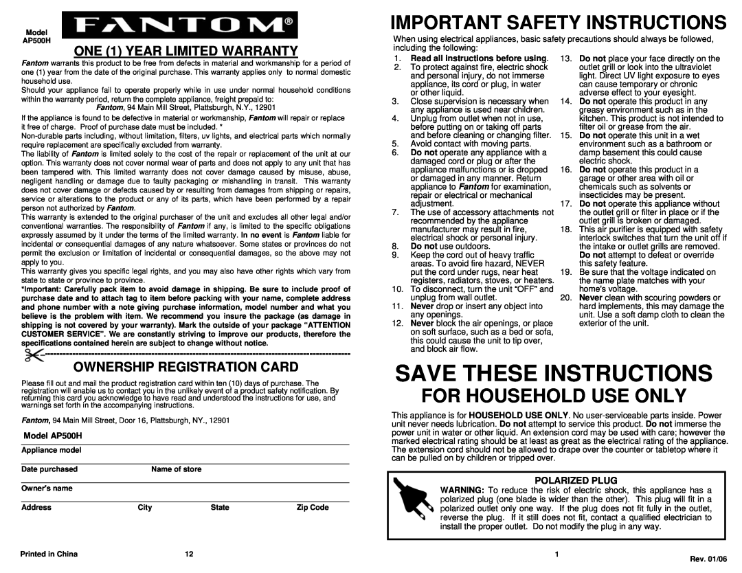Fantom Vacuum ONE 1 YEAR LIMITED WARRANTY, Ownership Registration Card, Save These Instructions, Model AP500H 