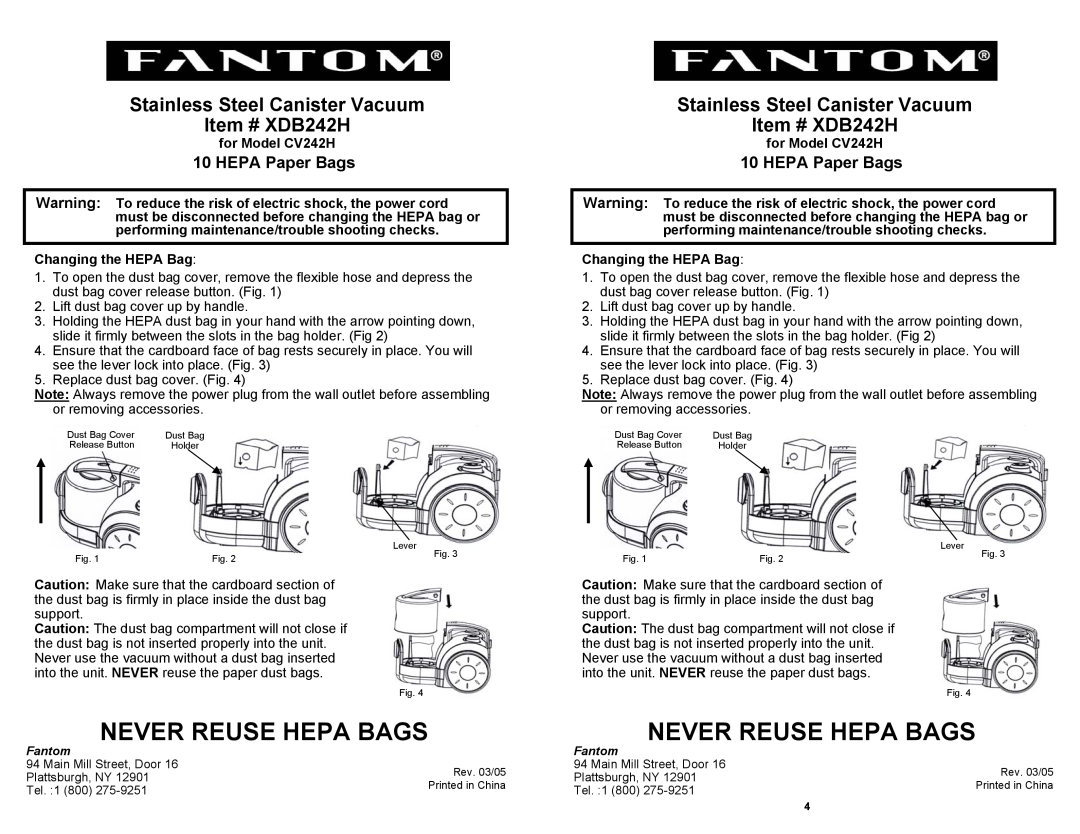 Fantom Vacuum CV242H manual Never Reuse Hepa Bags, Stainless Steel Canister Vacuum Item # XDB242H, HEPA Paper Bags 