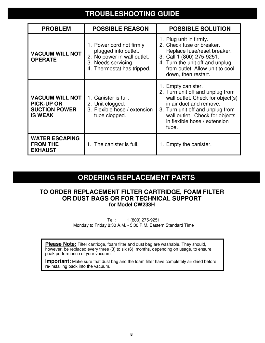 Fantom Vacuum owner manual Troubleshooting Guide, Ordering Replacement Parts, For Model CW233H 