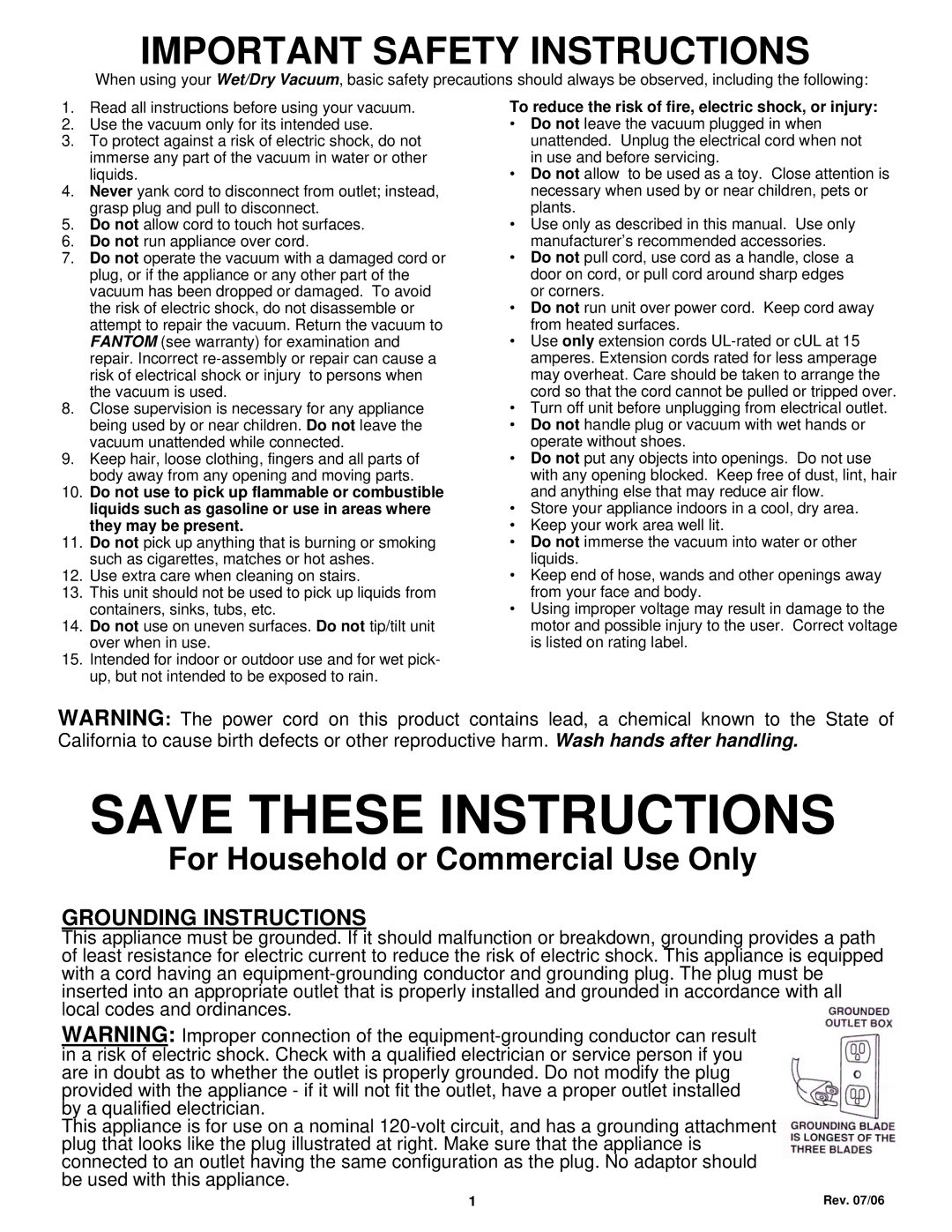 Fantom Vacuum CW233H owner manual Important Safety Instructions, To reduce the risk of fire, electric shock, or injury 