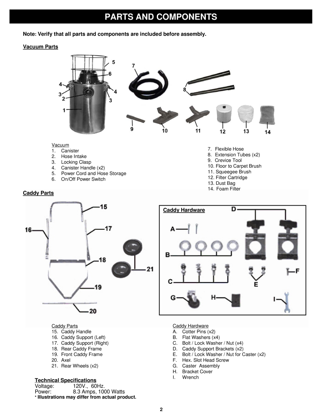 Fantom Vacuum CW233H owner manual Parts and Components, Caddy Parts, Technical Specifications, Caddy Hardware 