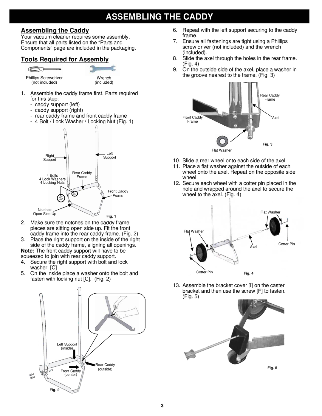 Fantom Vacuum CW233H owner manual Assembling the Caddy, Tools Required for Assembly 