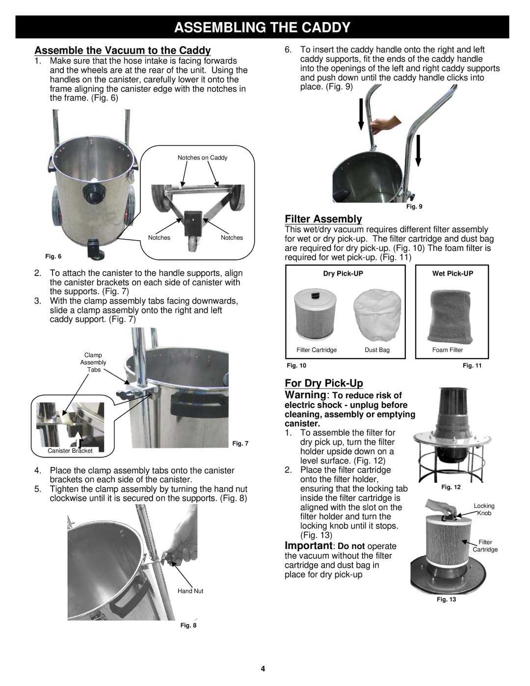 Fantom Vacuum CW233H owner manual Assemble the Vacuum to the Caddy, Filter Assembly 