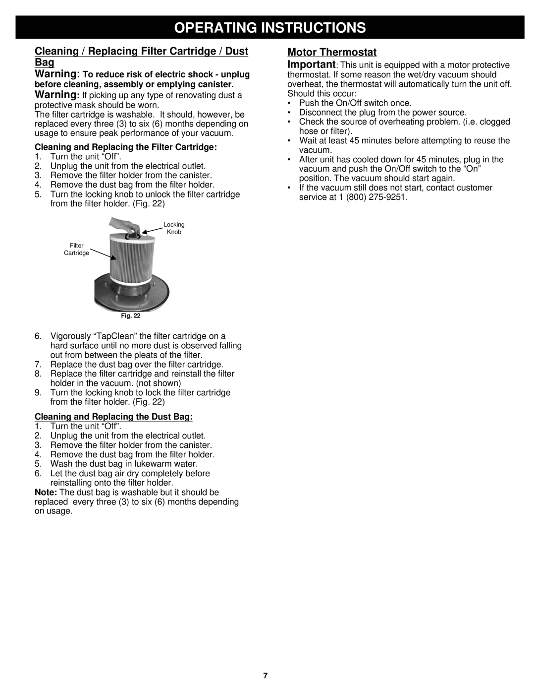 Fantom Vacuum CW233H owner manual Cleaning / Replacing Filter Cartridge / Dust Bag, Motor Thermostat 