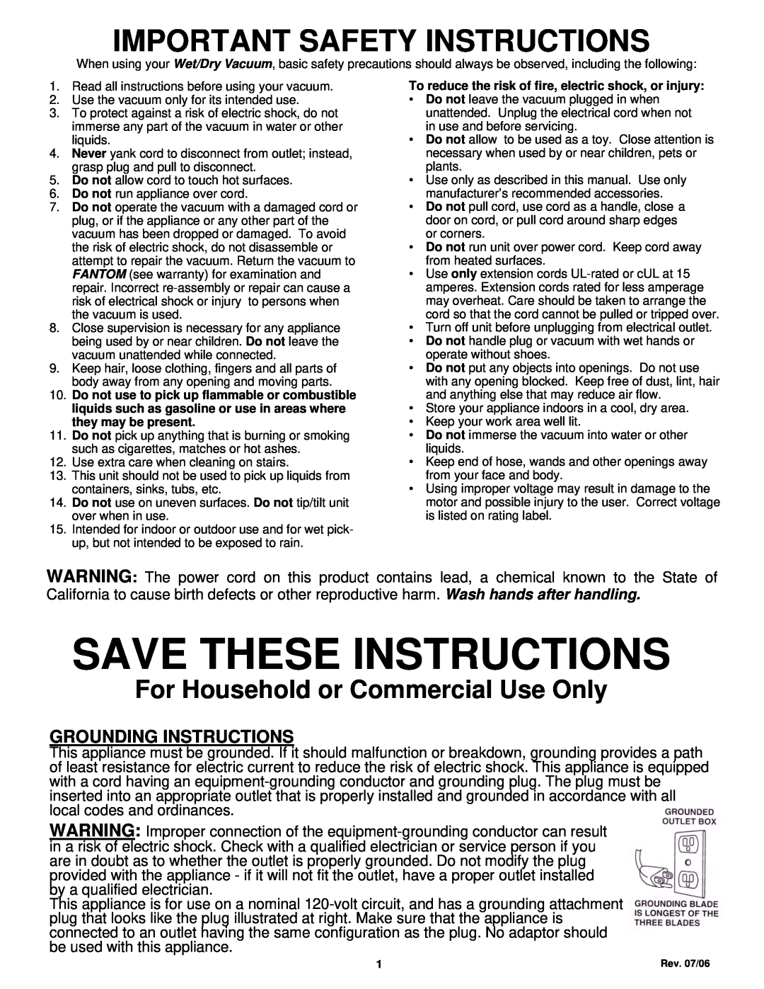 Fantom Vacuum CW233H owner manual Grounding Instructions, Save These Instructions, Important Safety Instructions 