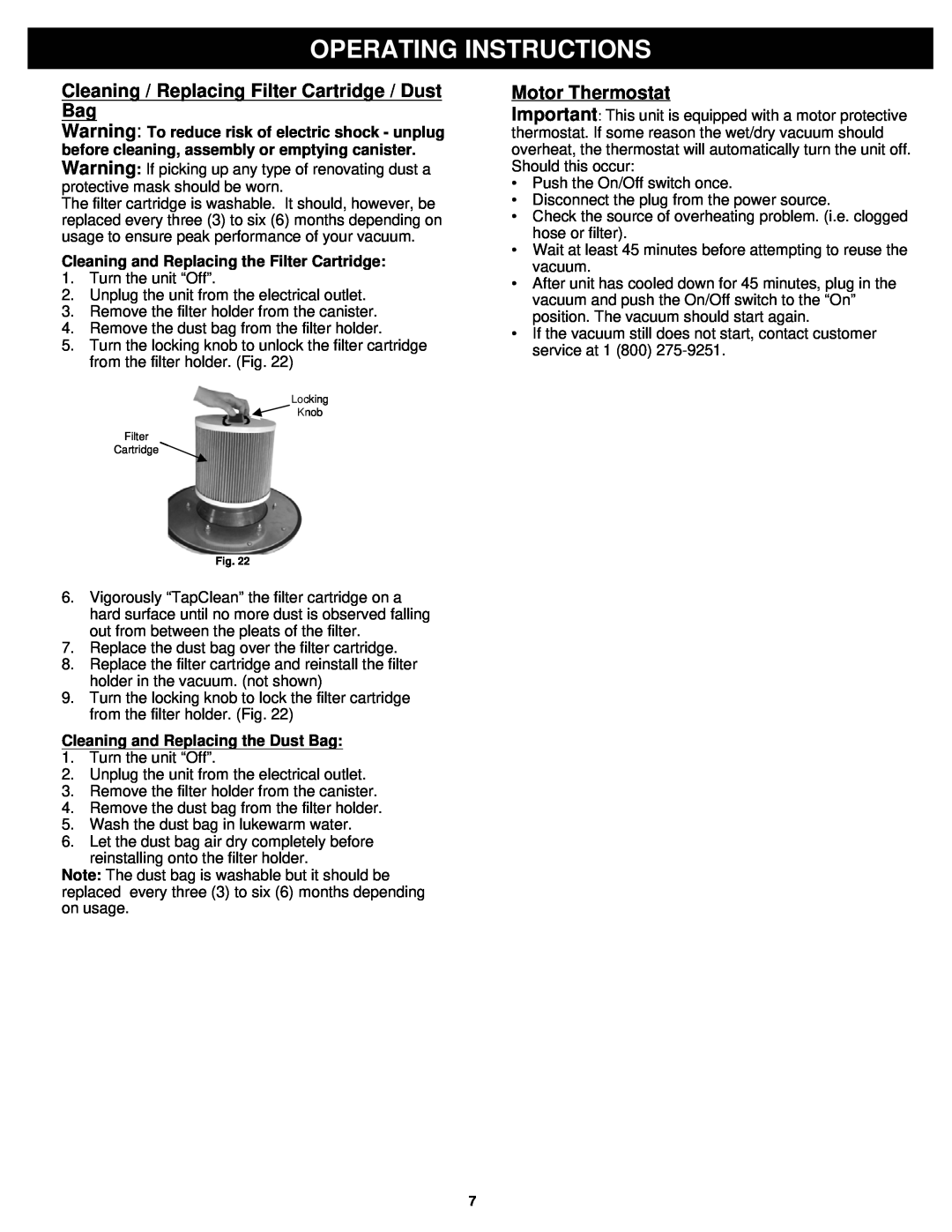 Fantom Vacuum CW233H Operating Instructions, Cleaning / Replacing Filter Cartridge / Dust Bag, Motor Thermostat 
