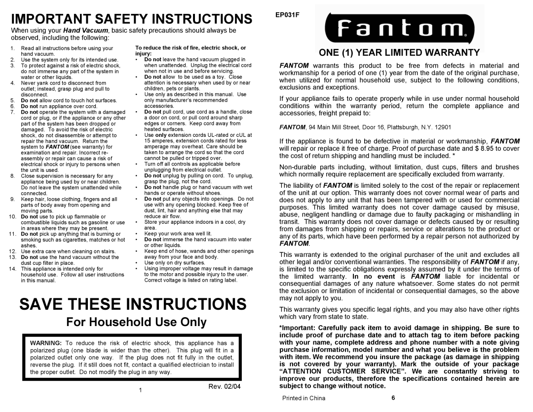 Fantom Vacuum EP031F owner manual Important Safety Instructions 