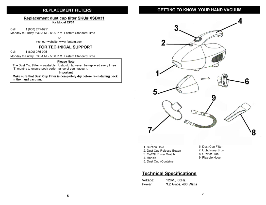 Fantom Vacuum EP031F owner manual Replacement Filters, Getting to Know Your Hand Vacuum 