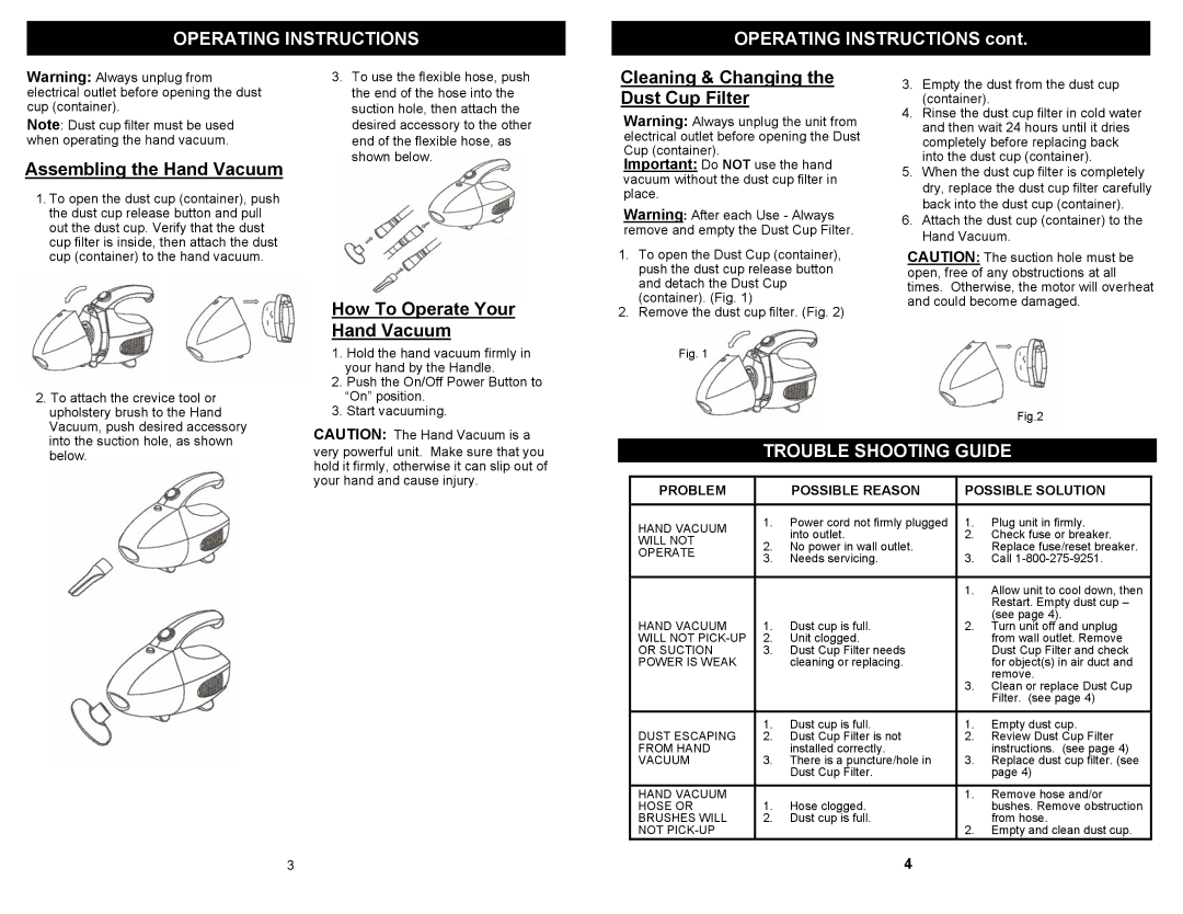 Fantom Vacuum EP031F owner manual Operating Instructions, Trouble Shooting Guide 