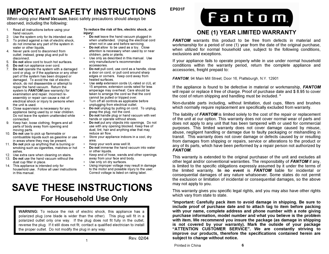 Fantom Vacuum EP031F owner manual For Household Use Only, ONE 1 YEAR LIMITED WARRANTY, Save These Instructions, Fantom 