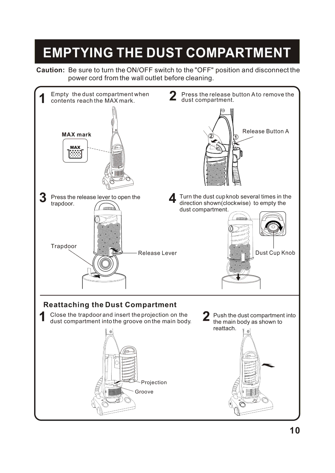 Fantom Vacuum FC285H instruction manual Emptying the Dust Compartment, Power cord from the wall outlet before cleaning 