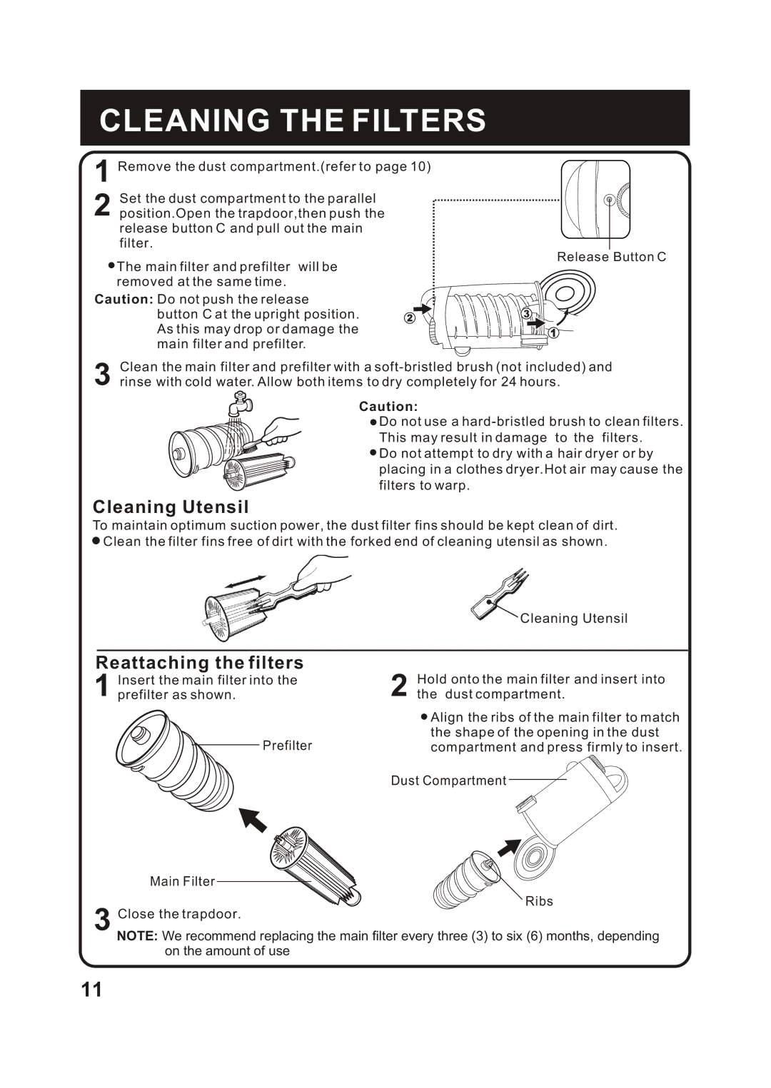 Fantom Vacuum FC285H instruction manual Cleaning the Filters, Cleaning Utensil 