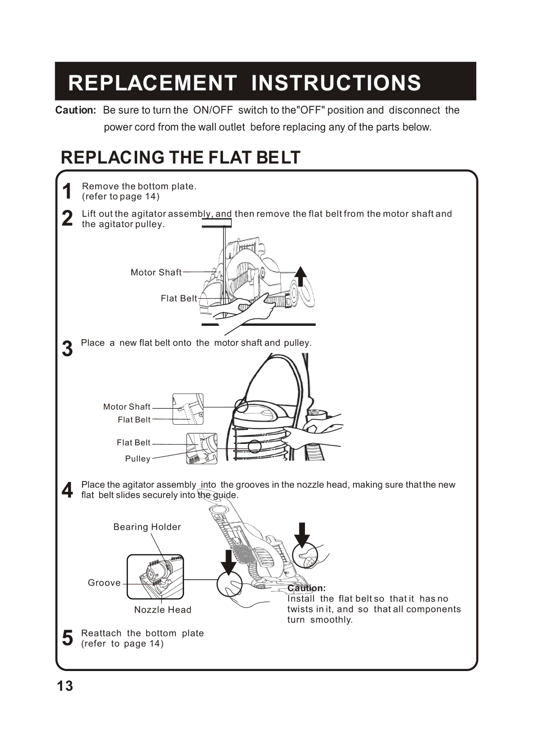 Fantom Vacuum FC285H instruction manual Replacement Instructions, Replacing the Flat Belt 