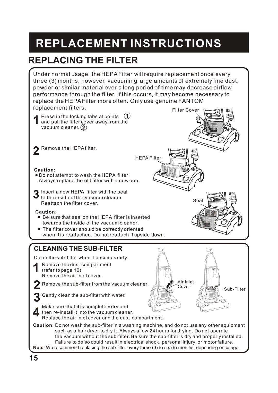 Fantom Vacuum FC285H instruction manual Replacing the Filter, Cleaning the SUB-FILTER 