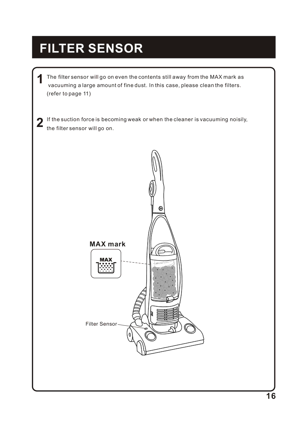 Fantom Vacuum FC285H instruction manual Filter Sensor 