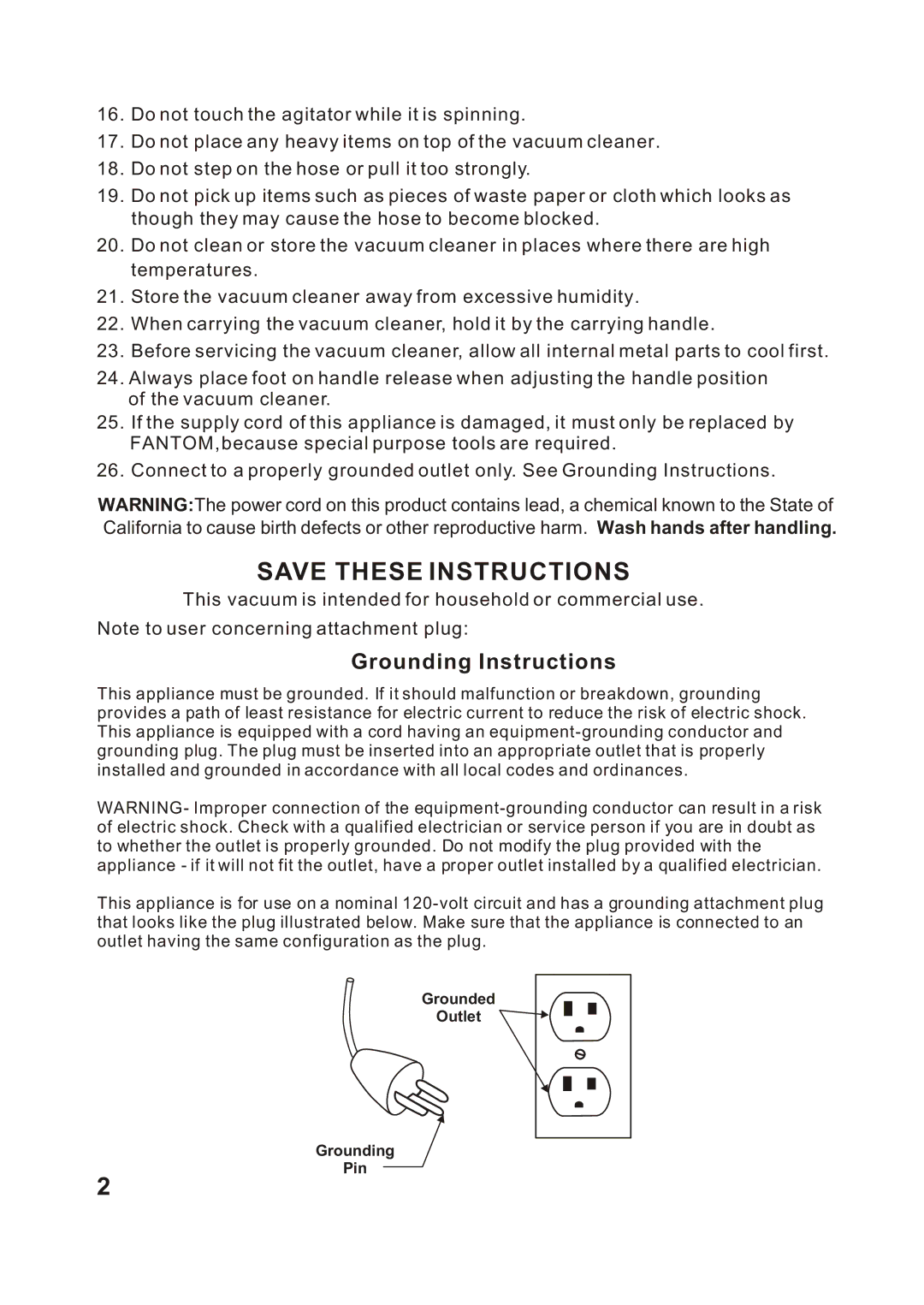 Fantom Vacuum FC285H instruction manual Grounding Instructions 