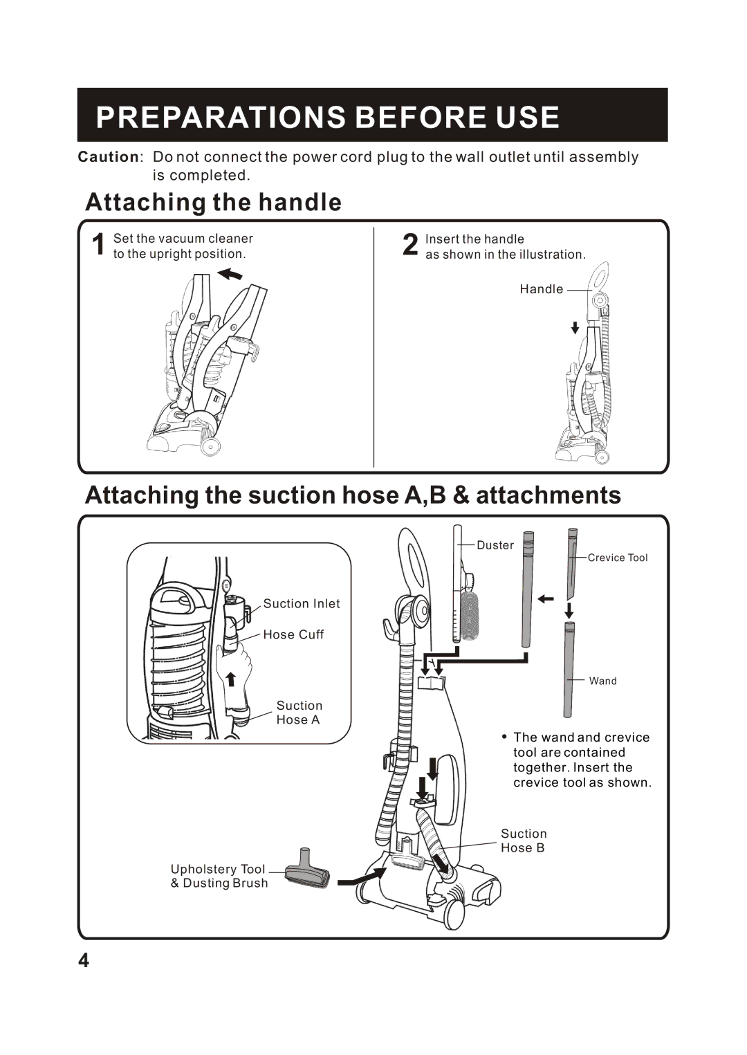 Fantom Vacuum FC285H instruction manual Preparations Before USE, Attaching the handle 