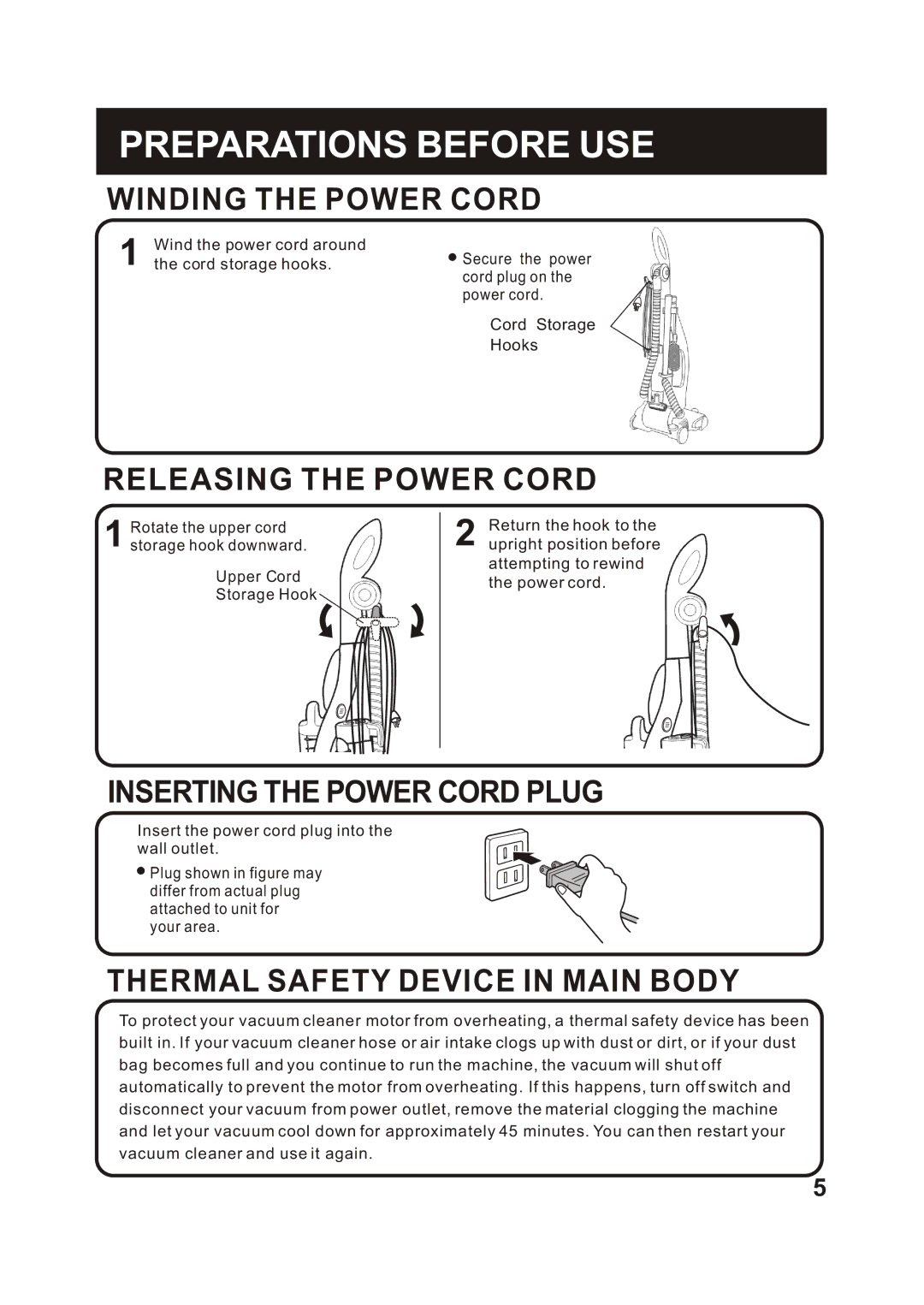 Fantom Vacuum FC285H instruction manual Winding the Power Cord, Releasing the Power Cord, Inserting the Power Cord Plug 