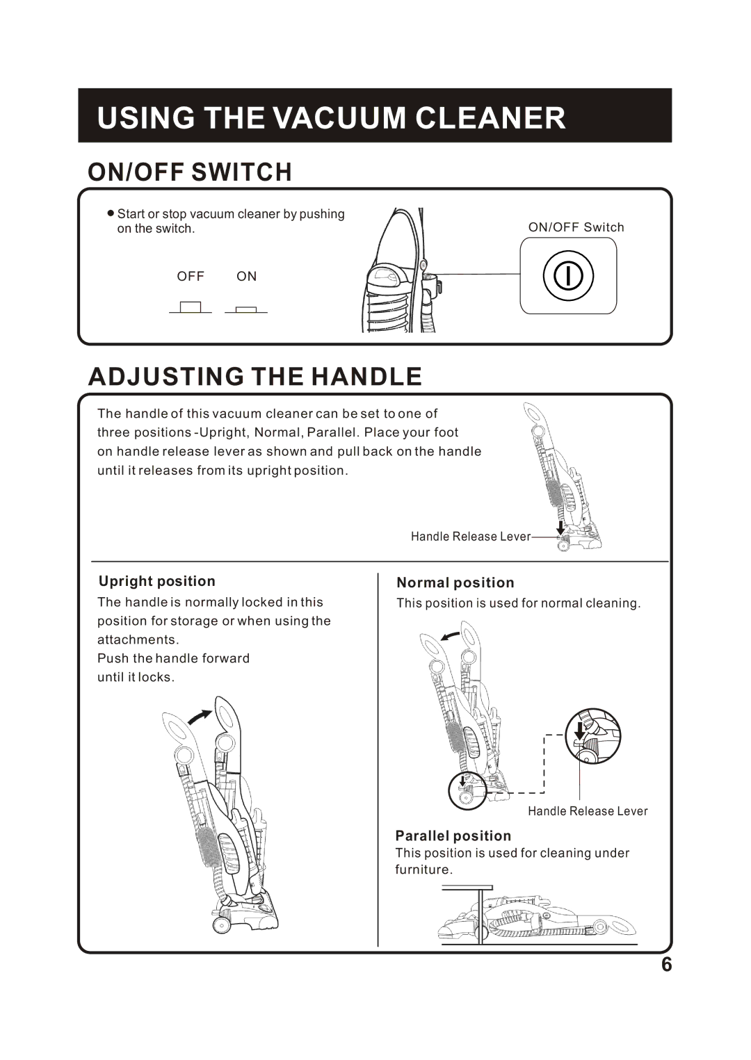 Fantom Vacuum FC285H instruction manual Using the Vacuum Cleaner, ON/OFF Switch, Adjusting the Handle 