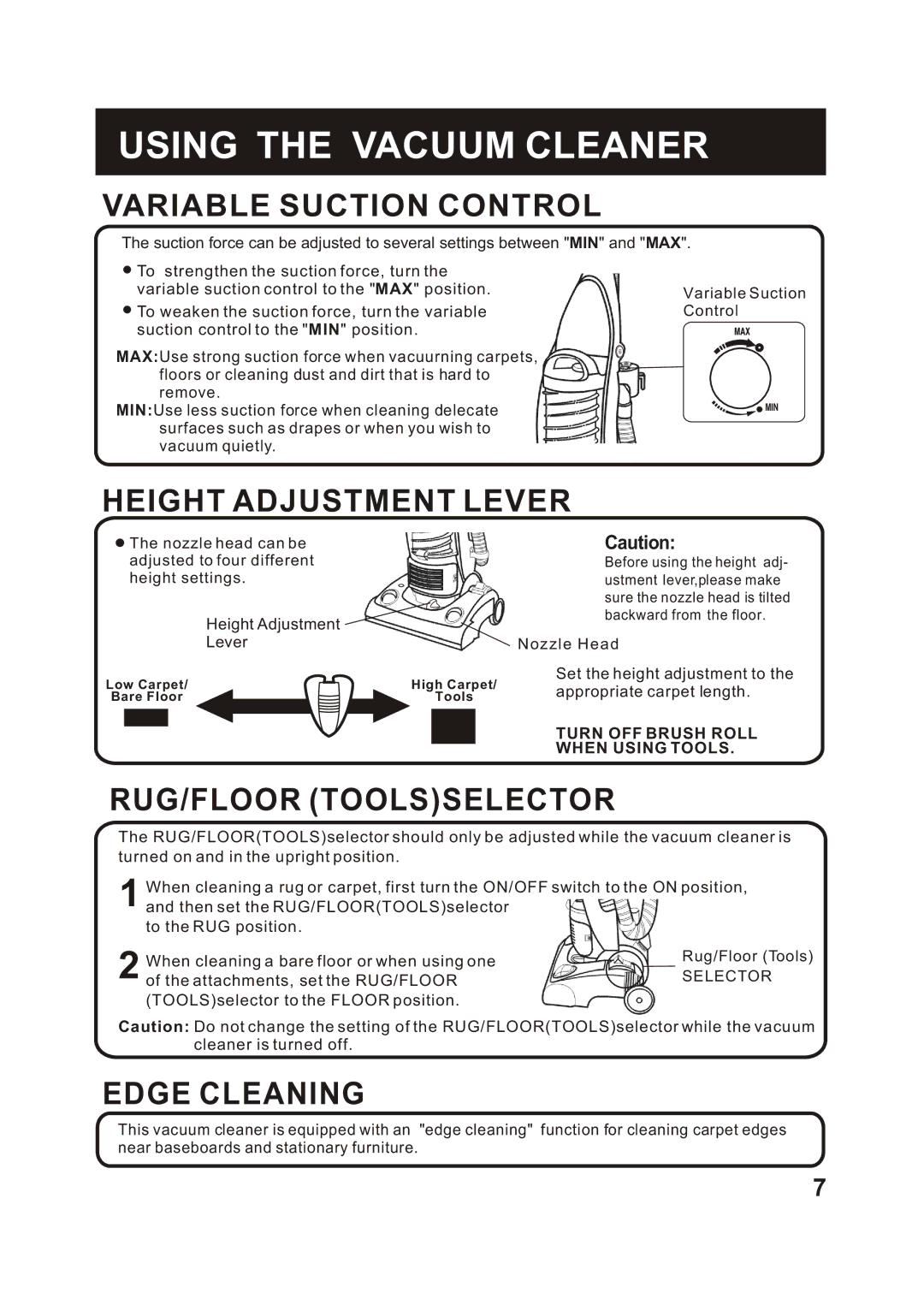 Fantom Vacuum FC285H Variable Suction Control, Height Adjustment Lever, RUG/FLOOR Toolsselector, Edge Cleaning 