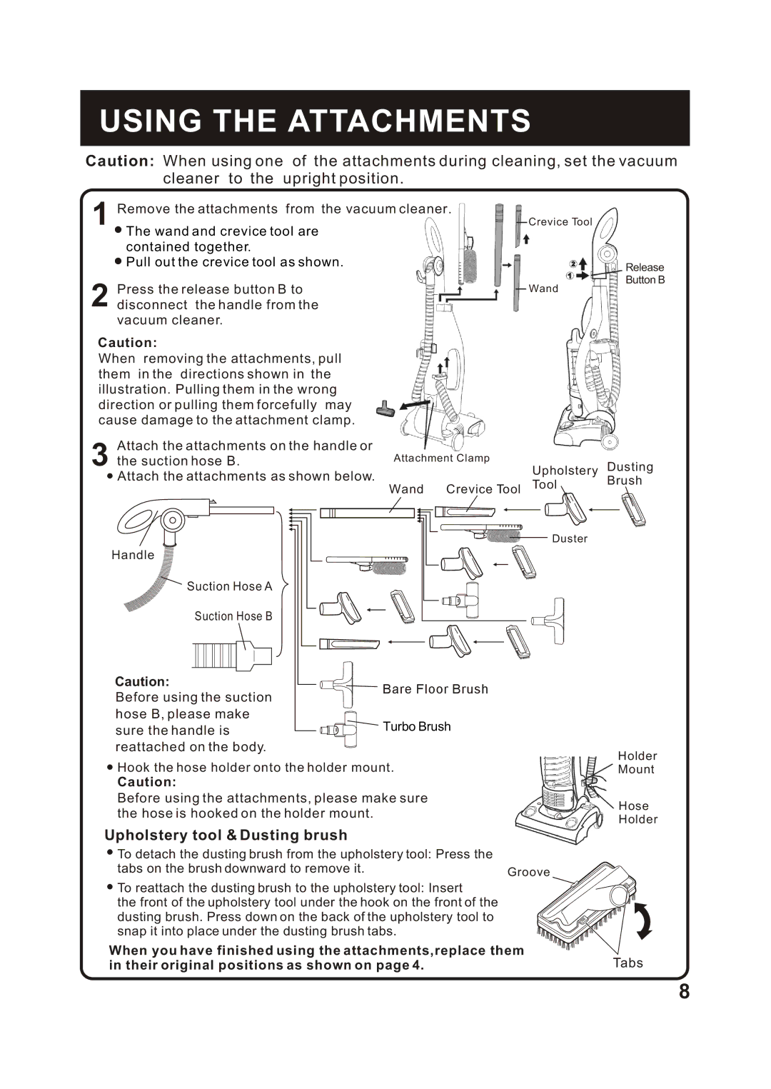 Fantom Vacuum FC285H instruction manual Using the Attachments, Remove the attachments from the vacuum cleaner 