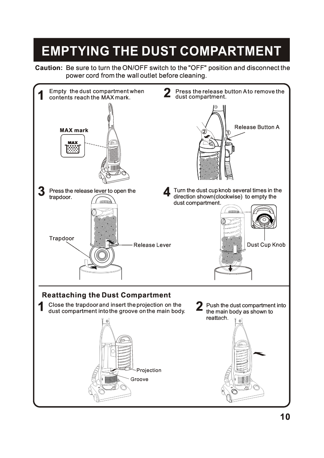 Fantom Vacuum FC285H instruction manual Emptying The Dust Compartment, power cord from the wall outlet before cleaning 