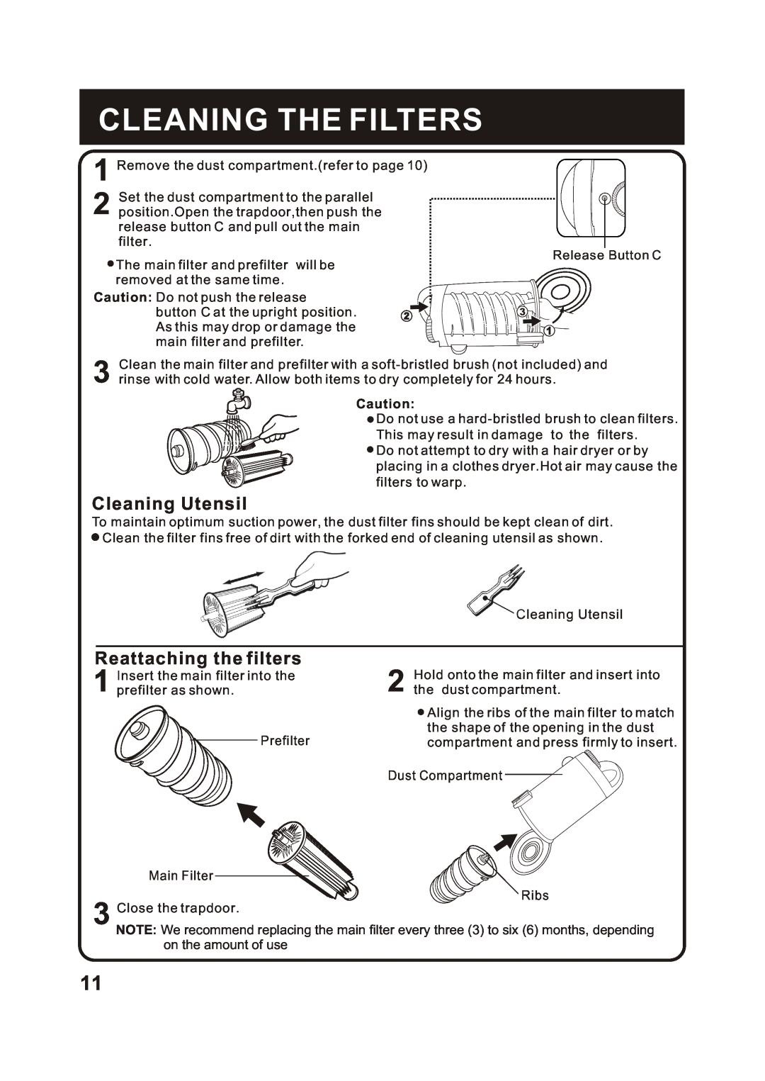 Fantom Vacuum FC285H instruction manual Cleaning The Filters, Cleaning Utensil, Reattaching the filters 