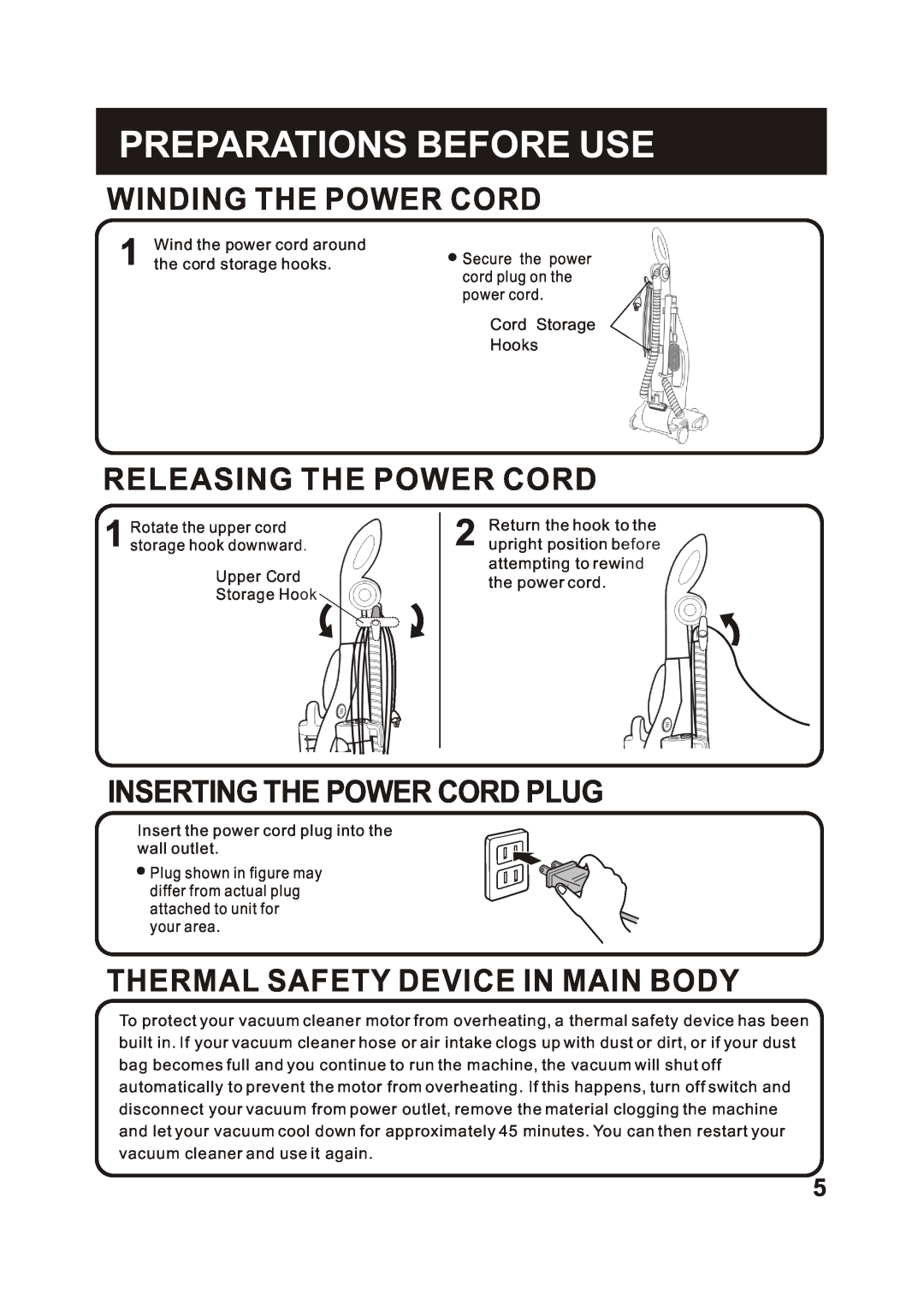 Fantom Vacuum FC285H instruction manual Winding The Power Cord, Releasing The Power Cord, Inserting The Power Cord Plug 