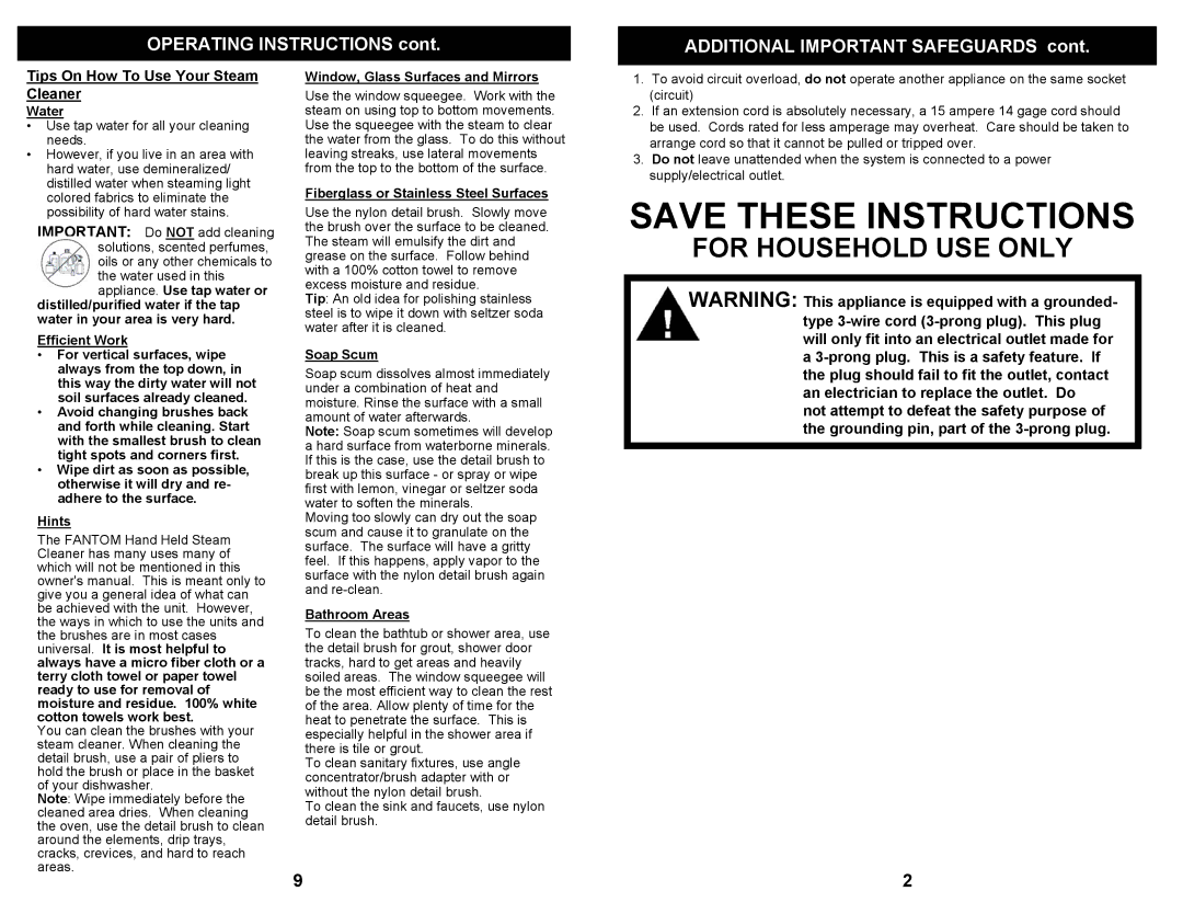 Fantom Vacuum FC905 Operating Instructions Additional Important Safeguards, Tips On How To Use Your Steam Cleaner 