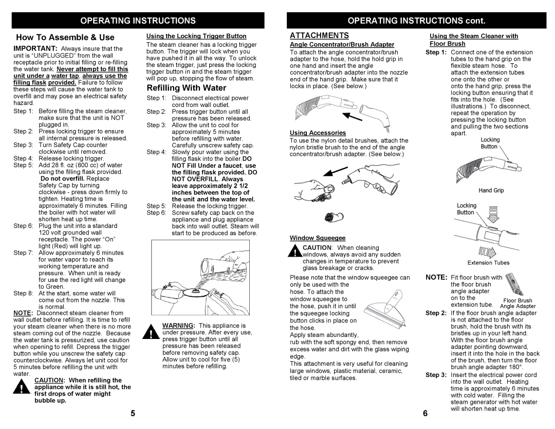 Fantom Vacuum FC905 owner manual Operating Instructions, How To Assemble & Use, Refilling With Water 