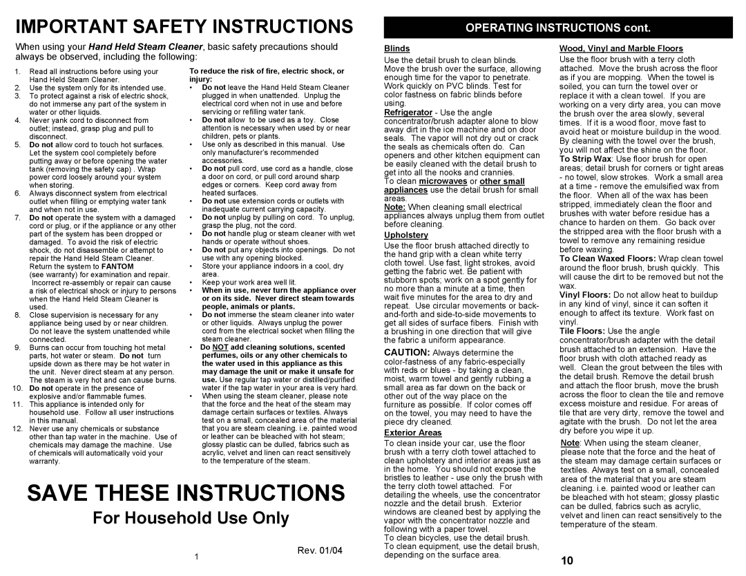 Fantom Vacuum FC905 owner manual Save These Instructions, Important Safety Instructions, For Household Use Only 