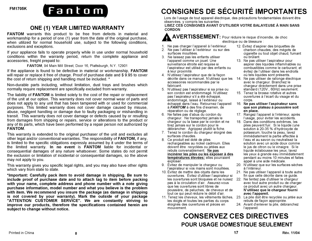 Fantom Vacuum FM1705K owner manual ONE 1 Year Limited Warranty, Pour Usage Domestique Seulement, Rév /04 