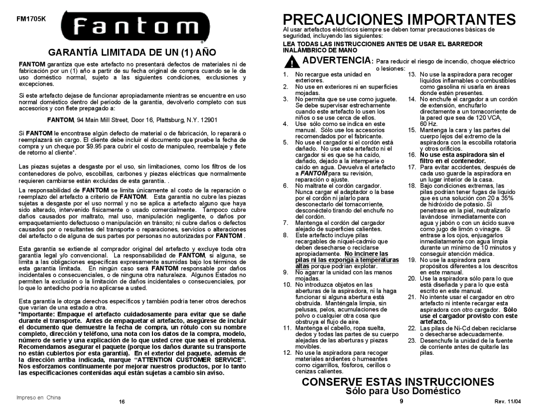 Fantom Vacuum FM1705K owner manual Garantía Limitada DE UN 1 AÑO, Sólo para Uso Doméstico 