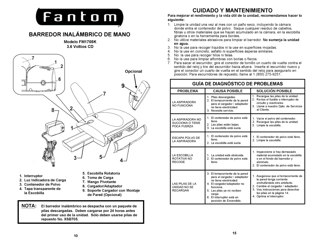 Fantom Vacuum owner manual Barredor Inalámbrico DE Mano, Cuidado Y Mantenimiento, Modelo FM1705K Voltios CD Opcional 