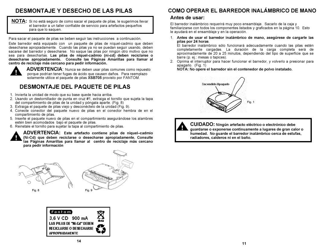 Fantom Vacuum FM1705K owner manual Desmontaje Y Desecho DE LAS Pilas, Desmontaje DEL Paquete DE Pilas 