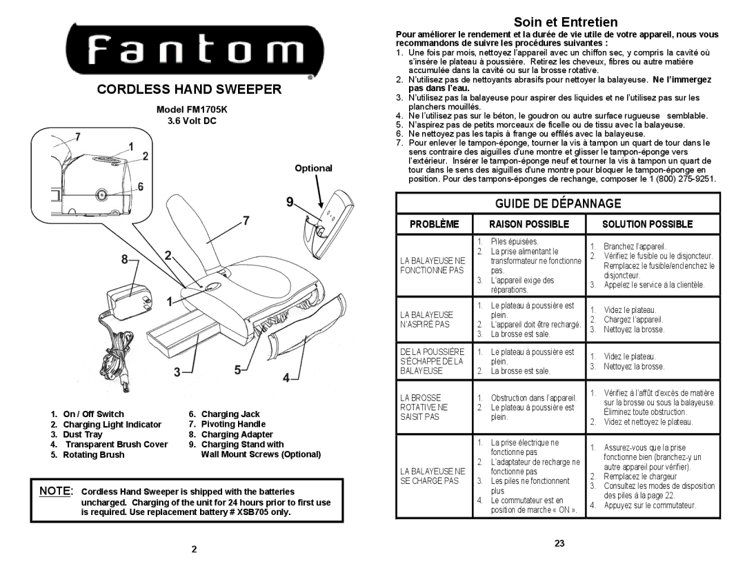 Fantom Vacuum owner manual Cordless Hand Sweeper, Soin et Entretien, Guide DE Dépannage, Model FM1705K Volt DC Optional 