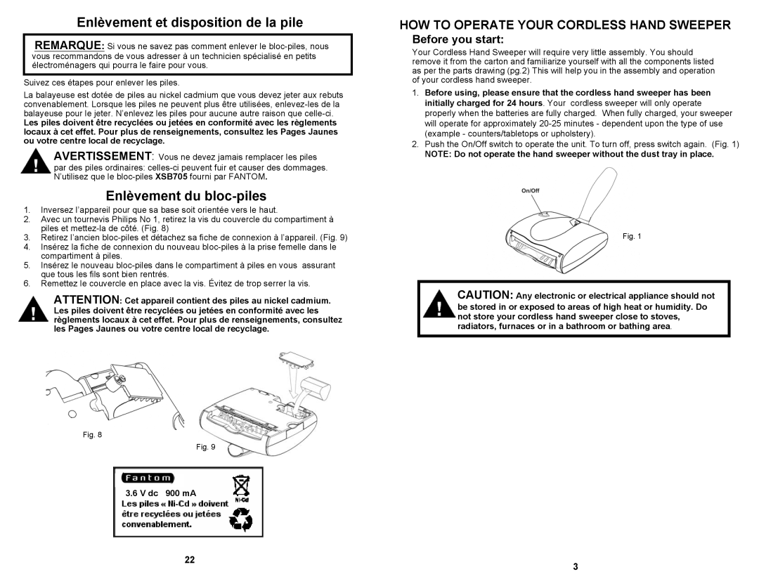 Fantom Vacuum FM1705K owner manual Enlèvement et disposition de la pile, Enlèvement du bloc-piles, Dc 900 mA 