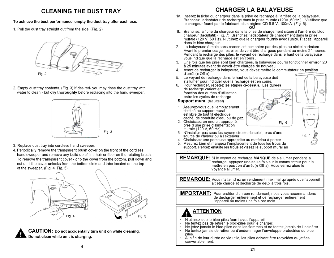 Fantom Vacuum FM1705K owner manual Cleaning the Dust Tray, Charger LA Balayeuse, Support mural facultatif 