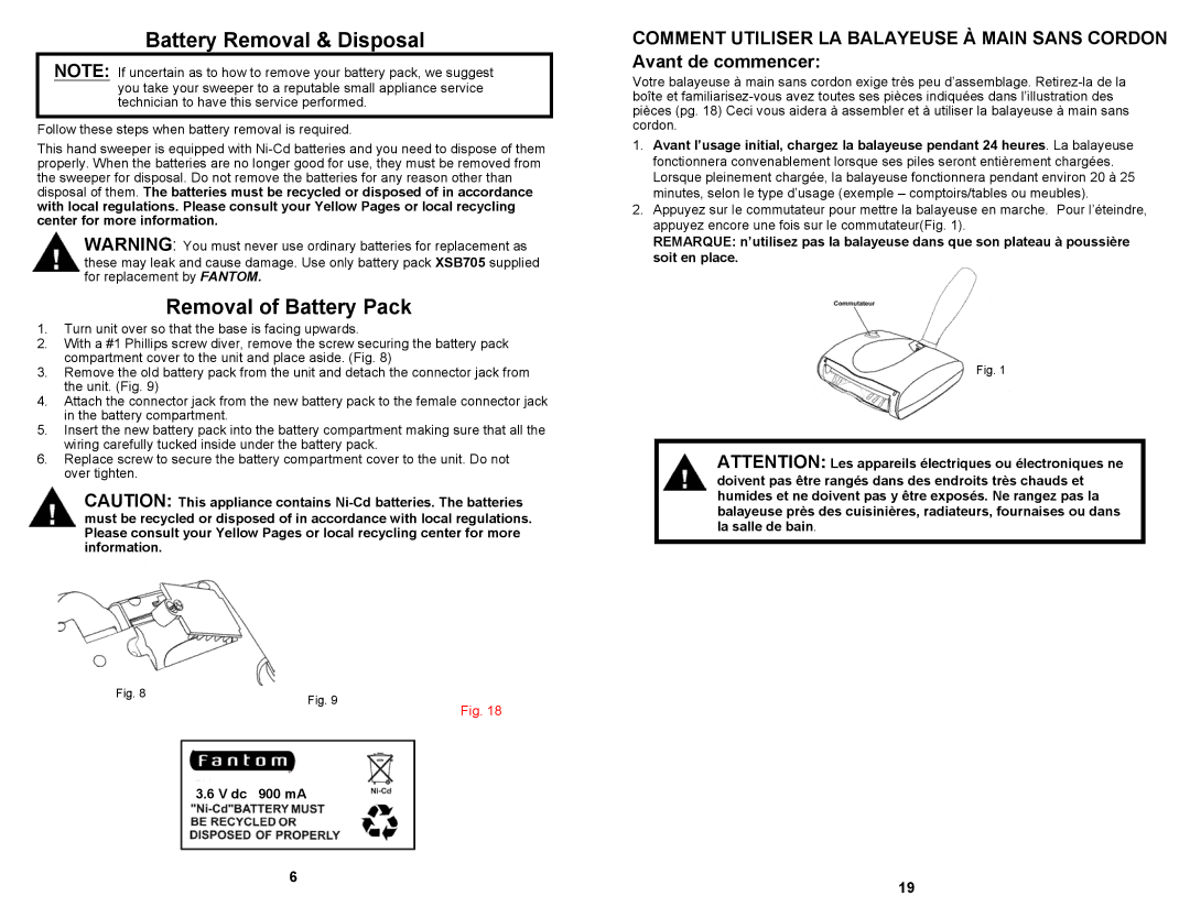 Fantom Vacuum FM1705K owner manual Battery Removal & Disposal, Removal of Battery Pack 